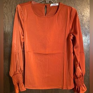 Brienne Rust Smocked Cuff Sleeve Blouse size small.  Perfect for Thanksgiving.